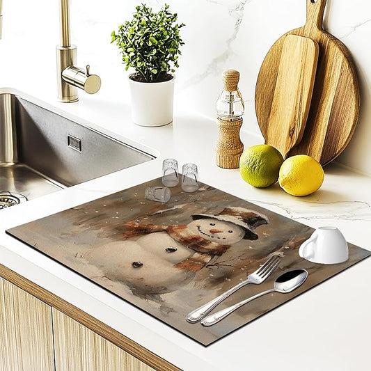 Winter Christmas Snowman Dish Drying Mat, Vintage Xmas Holiday Absorbent Dish Drainer Reusable Washable Drying Mat Pad for Kitchen Counter, Rustic Christmas Decor, 12×15 Inch