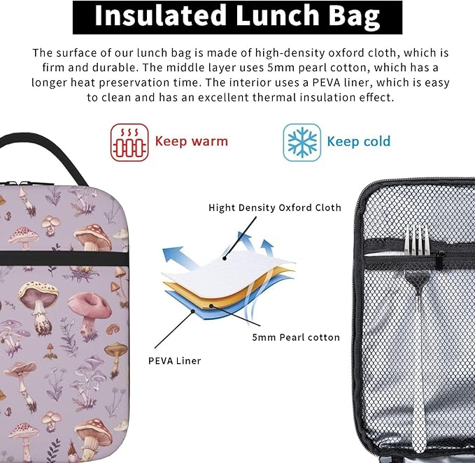 SUPLUCHOM Lunch Bag Mushrooms Vintage Botanical Insulated Box Reusable with Side Pocket for Girl Boy Women Men Work School Picnic Hiking Daytrip Over 3 Years Old
