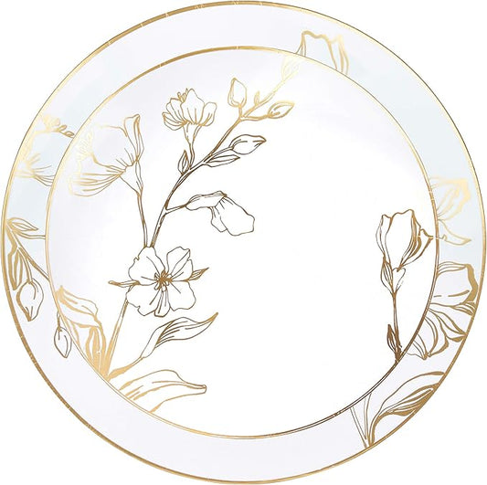 PLASTICPRO 60 Piece Combo Plates Set includes 30-7'' inch & 30-10'' inch White Plastic Floral Design Party Plates With Gold Rim, Premium heavyweight Elegant Disposable Tableware