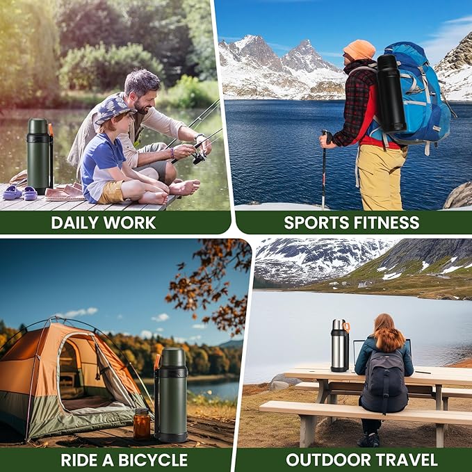 88oz Large Coffee Thermo for Travel, 2500ml Insulated Stainless Steel Water Bottle with Cup and Handle, Water Jug for 24hr Hot and Cold drinks, Vacuum Flask for Camping, Fishing & Working, Olive