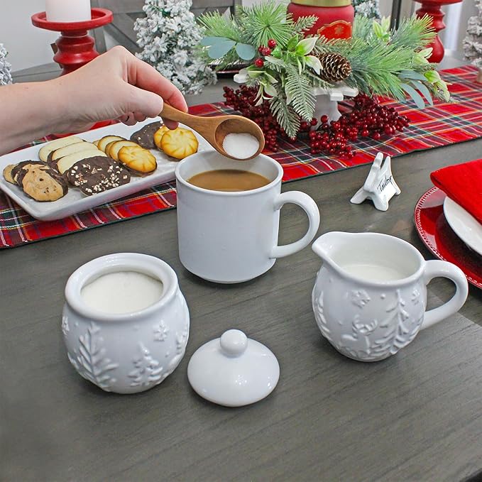 AuldHome Design Reindeer Christmas Cream and Sugar Set; Ceramic Embossed White Serving Sugar Bowl and Cream Pitcher