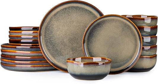 TheTerra Ceramic Dinnerware Sets for 6, 18 Pieces Porcelain Lightweight Plates and Bowls Sets, Scratch Resistant Dish Set, Oven & Microwave & Dishwasher Safe, Coffee Bean