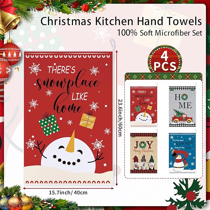 Christmas Kitchen Towels Xmas Decorative Towel - Tea Hand Towel Snowman Truck Towel Absorbent Set with Hanging Loop for Dish Garden Farmhouse Bathroom Holiday Decor, 4 Pcs