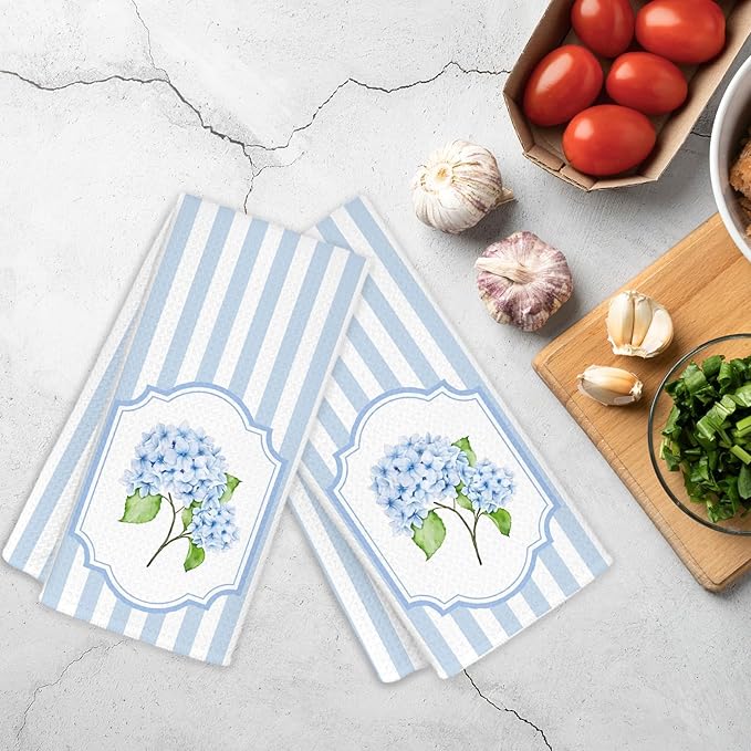 Blue Hydrangea Floral Kitchen Towels Set of 2, Cottagecore Botanical Dish Tea Towel for Kitchen, Blue and White Grand Millenial Stripes Decorative Hand Towels for Bathroom, 16x24 Inch