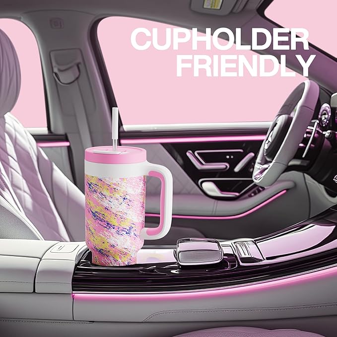 40 oz Tumbler with Handle, 2-in-1 Straw and Sip Lid, Leakproof, Dishwasher Safe, Insulated Stainless Steel Travel Coffee Mug, Keeps Cold for 34 Hours, Fits in Car Cup Holder (Pink Ladies)