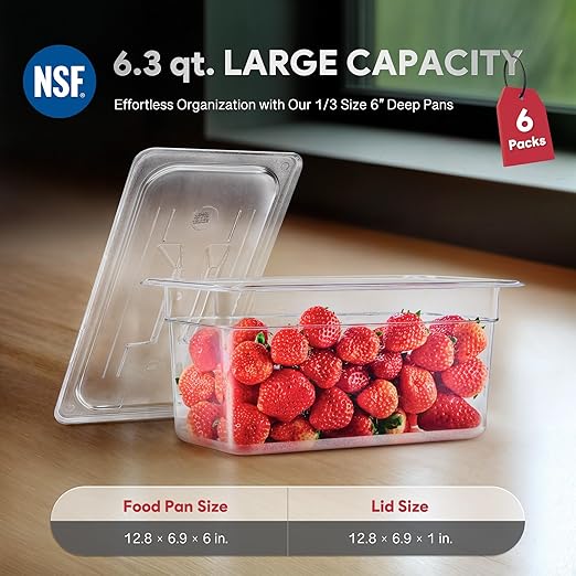 WILPREP 6 Pack Plastic Food Pans with Lids, 1/3 Size 6 in Deep Clear Food Storage Containers, 6.3 qt Stackable Polycarbonate Commercial Hotel Pans for Fruits Vegetables Beans Corns, NSF Listed
