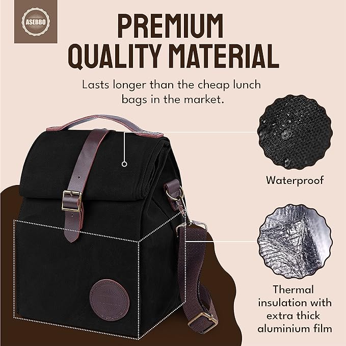 ASEBBO Insulated Lunch Bag for Women & Men - Reusable & Leak Proof Lunch Box Cooler Bag for Work, Beach, Travel for Adults with Shoulder Strap, Father's Day Gift - Waxed Canvas (Black) - Reusable Bag