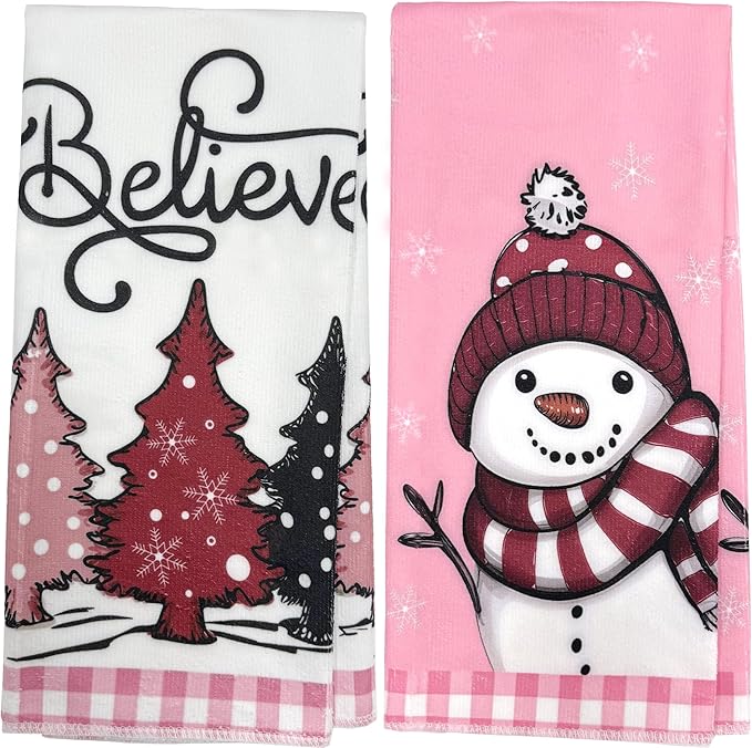 Pink Buffalo Plaid Christmas Kitchen Towels Set of 2 | 18x26 Inch Dish Towels with Snowman & Tree Holiday Decor for Winter Home & Bath