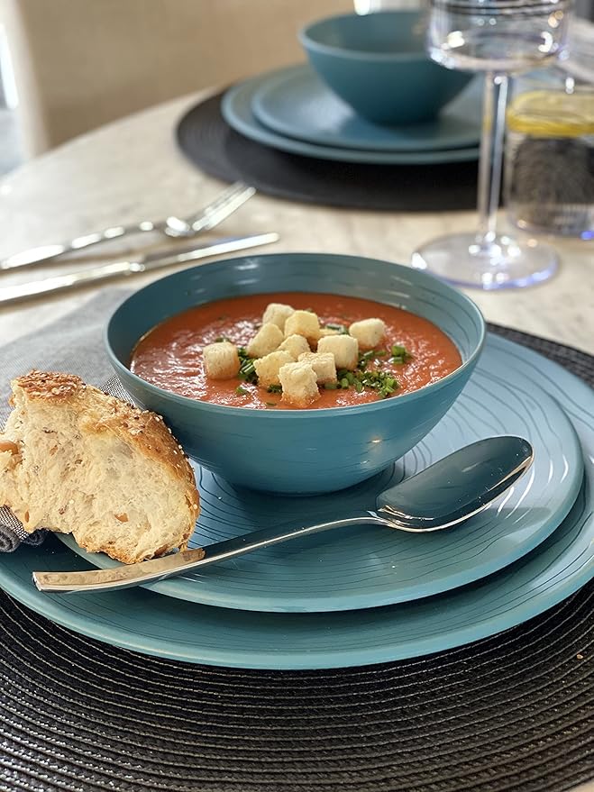 Bzyoo 12 Piece Melamine Dinnerware Set - Durable, Dishwasher Safe Plates and Bowls - Casual Dining, Parties, Blue Dish Set Organica Blue Collection