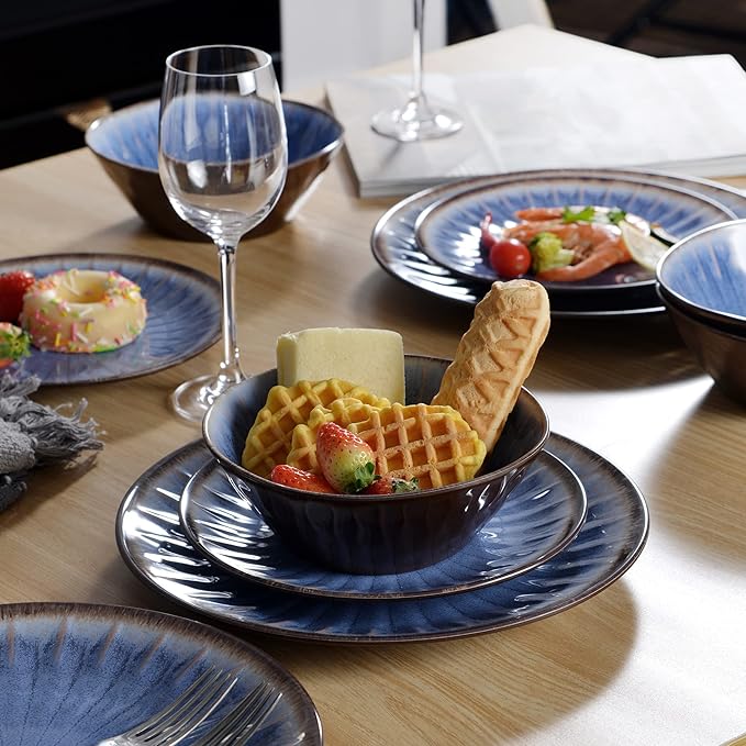 Melamine Dinnerware Sets 12 Pcs, Plates and Bowls Sets, Melamine Plates, Outdoor Dishes Sets, Unbreakable Dinnerware, Serving Dishes for Entertaining, Dishwasher Safe, BPA Free (Classic Blue)