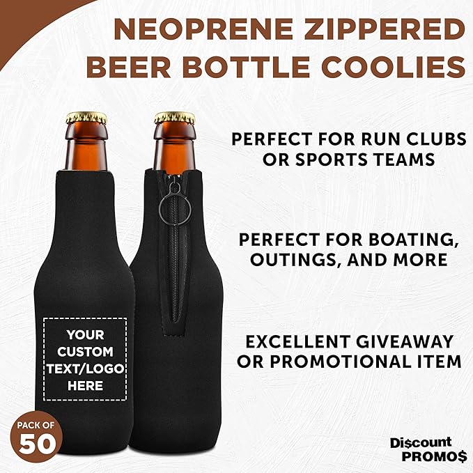 50 Neoprene Zippered Beer Bottle Coolies Pack - Customizable Text, Logo - Sharkskin Rubber Bottom - Black