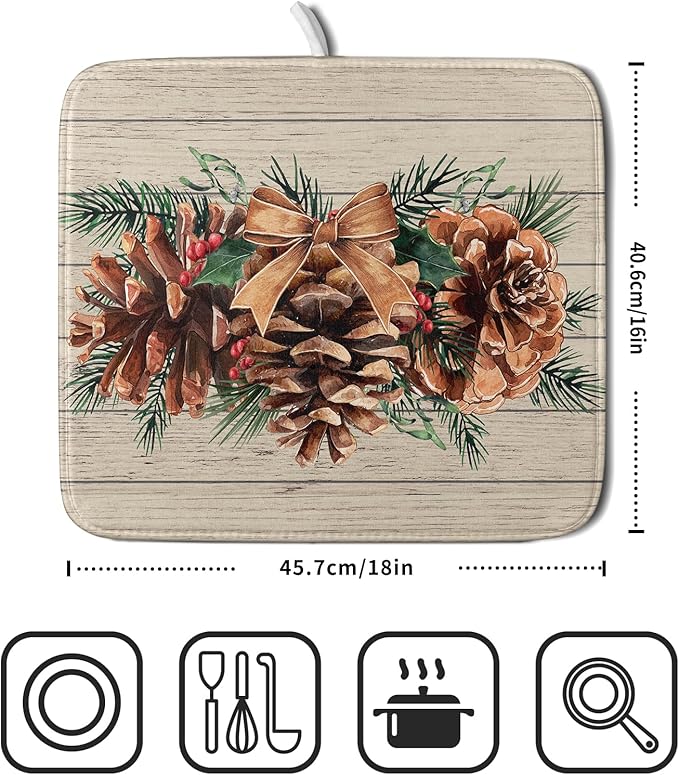 Winter Pine Cone Dish Drying Mat Holly Berries Dish Draining Mat Microfiber Washable Dish Drainer Rack Mat for Home Kitchen Counter 16"x18"