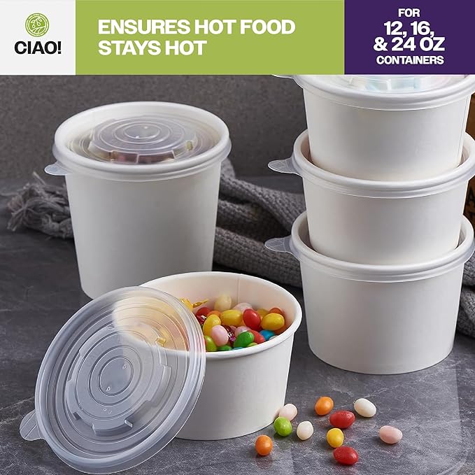 CIAO! 115mm Diameter PP Lid, Designed and Fit BRAND 12/16/24oz Paper Food Container (500/case)
