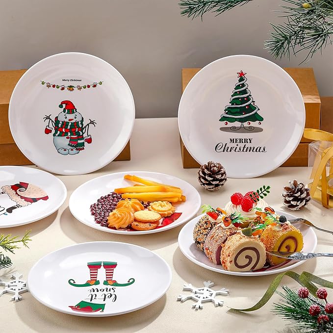 6 Pcs Christmas Reusable Melamine Dinner Plates 8 Inch Christmas Theme Round Plates Xmas Dishes Dinnerware Set for Salad Pasta Xmas Birthday Party Supplies Gifts (Classic)