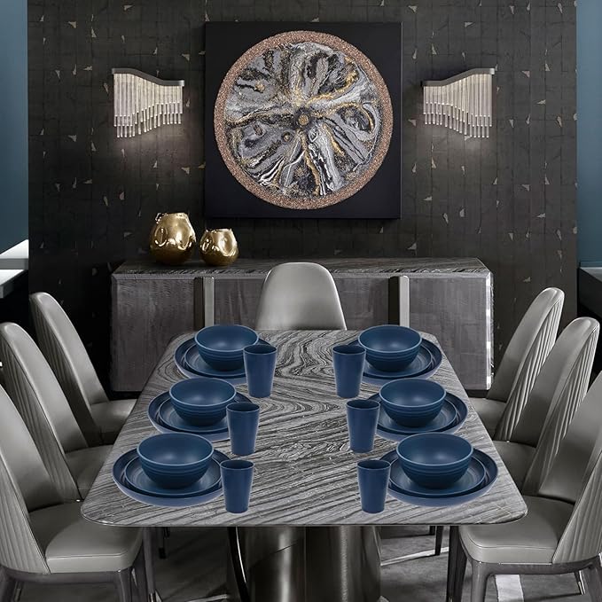 Supernal Wheat Straw Dinnerware Sets, Tableware Set for 8, Plates and Bowls Sets, Reusable Dinnerware Set, Microwave Dishwasher Safe, Blue Plastic Dinnerware Sets 16pcs Plates, 8pcs Bowls, 8pcs Cups