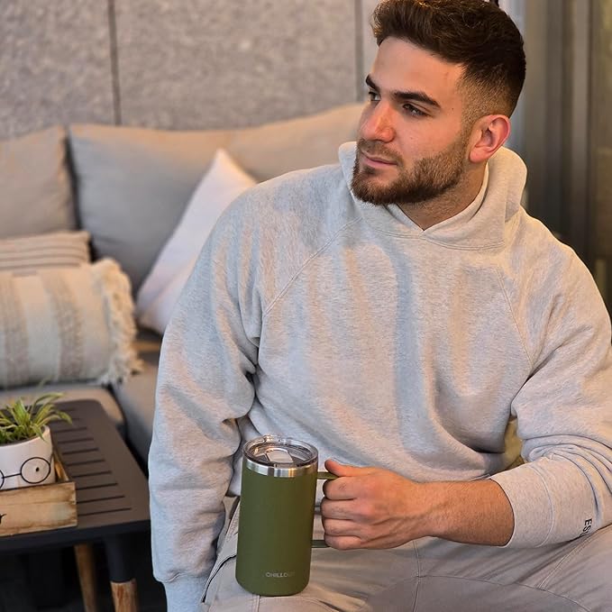 CHILLOUT LIFE Stainless Steel Vacuum Insulated Coffee Mug 16 oz (Set of 2) with Handle and Lid, Large Thermal Camping Coffee Mugs with Sliding Lid for Men & Women, Keeps Your Beverages Hot & Cold