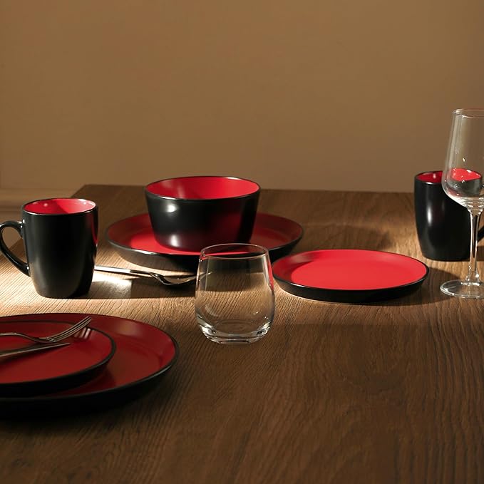 Stone Lain Albie Stoneware 32 Piece Dinnerware Set, Plates and Bowls Sets, Dish Set for 8, Red and Black, Microwave & Dishwasher Safe