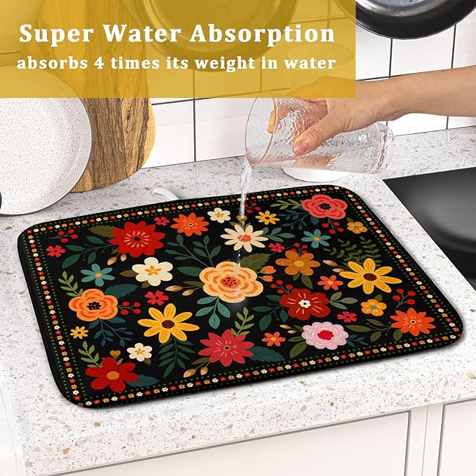 Boho Floral Dish Drying Mat 16x18 Inch Colorful Flower Dishes Dry Mats Absorbent Washable Drainer Rack Pad Protective Kitchen Counter Decor