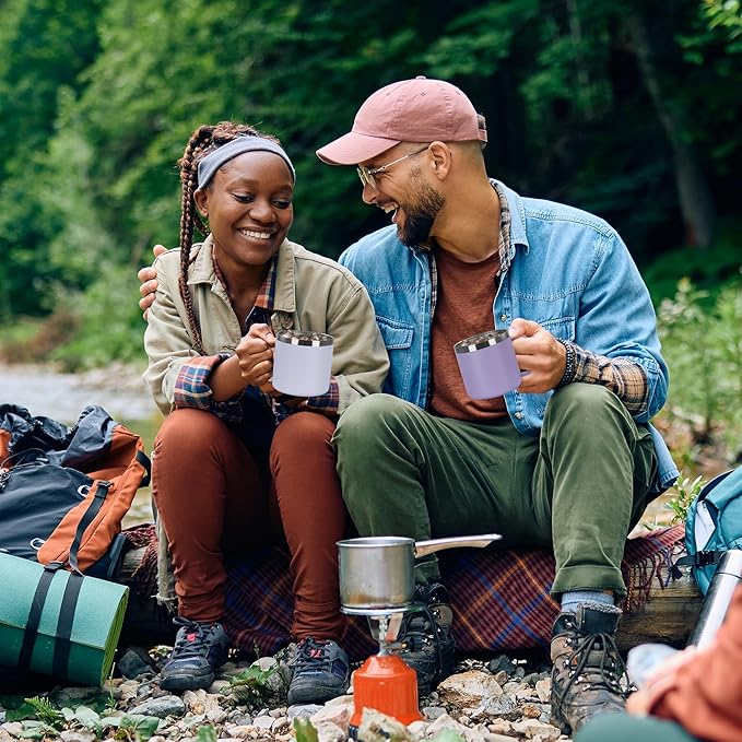 VEGOND 14 oz Insulated Coffee Mug Bulk with Handle, Stainless Steel Travel Coffee Mug with Lid, Double Wall Vacuum Metal Coffee Cup, Coffee Tumbler Powder Coated, Purple 4 Pack