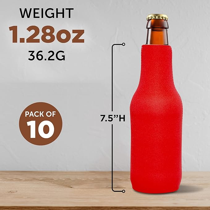 10 Neoprene Zippered Beer Bottle Coolies Pack - Sharkskin Rubber Bottom - Red