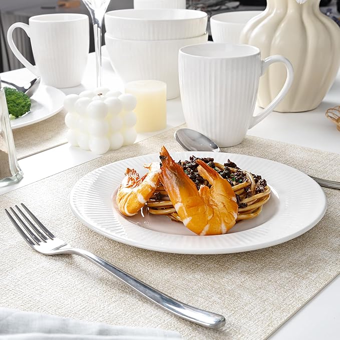 16 Piece Porcelain Dinnerware Sets for 4, White Plates and Bowls Sets with Mugs, Dishwasher and Microwave Safe - Embossed Stripe Decro, Elegant Kitchen Dish Sets, QOMO-1996