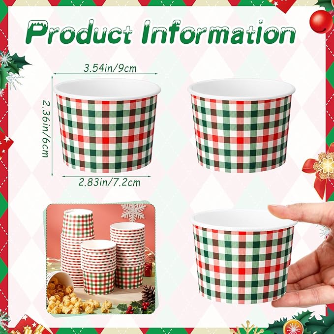 50 Pack Christmas Plaid Treat Snack Cups 9 oz Xmas Red and Green Checkered Disposable Dessert Bowls Paper Soup Bowl Buffalo Plaid Ice Cream Cups for Hot or Cold Food Holiday Wedding Birthday