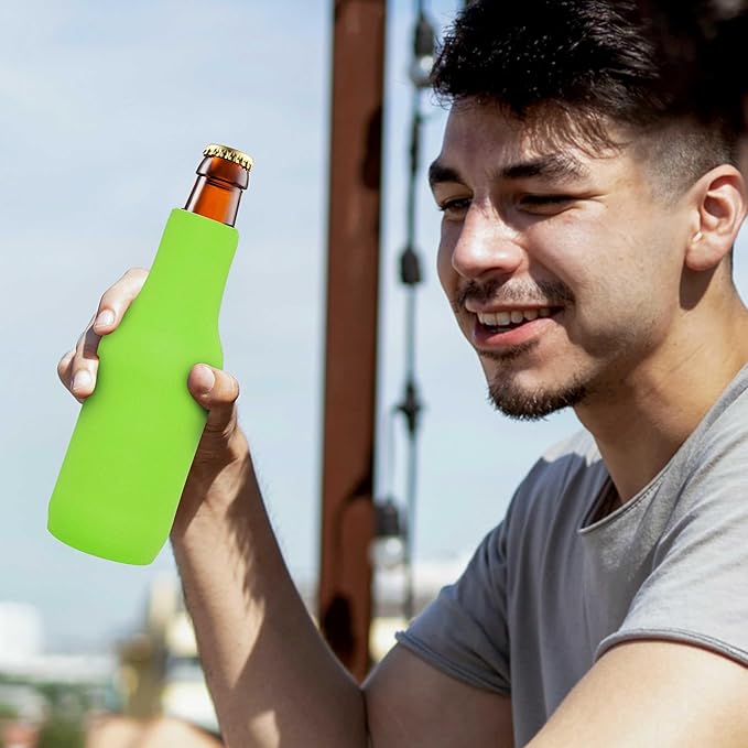 10 Neoprene Zippered Beer Bottle Coolies Pack - Sharkskin Rubber Bottom - Lime Green