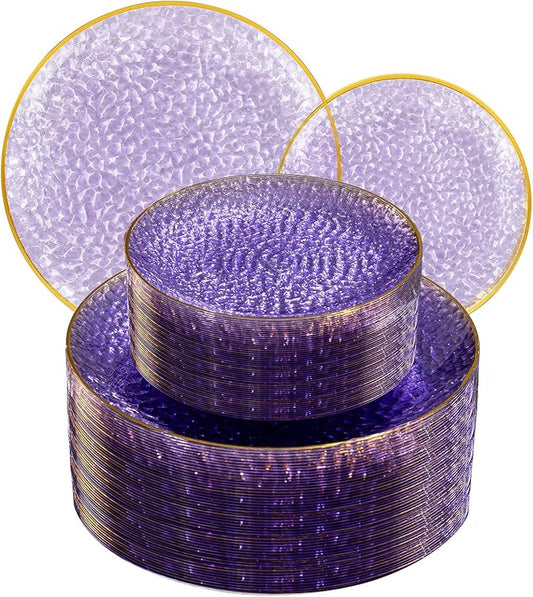 SUT 100Pcs Purple Plastic Plates, Hammered Plates Disposable Heavy Duty, Purple Disposable Plates With Gold Rim, Fancy Plastic plates Include 50 Dinner and 50 Dessert plate for Wedding
