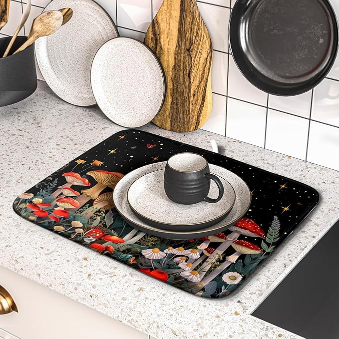 Black Mushroom Dish Drying Mat for Kitchen Counter Leaves Botanical Microfiber Dish Rack Mat Drainer Pad Washable Absorbent Dry Mat 16x18 Inch