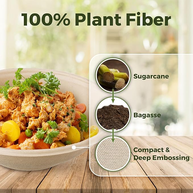 [500 Count]Sugarfiber by Harvest Pack 22oz Round Bowls PFAS Free with PLA coating with PET Lid -Heavy-Duty Eco-Friendly Disposable Bagasse Sugarcane Bowl for Meal Prep