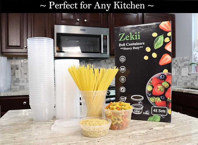 Zekii EXTRA THICK Deli Containers with Lids, Soup Containers w/Lids Airtight, 48Sets 8oz, Disposable, BPA Free, Takeout soup Cups, Meal Prep, Food Storage w/Measurements