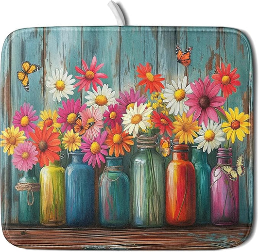 Botanical Flowers Dish Drying Mats 16x18 Inch,Colorful Daisy Mason Jar on Wood Plank Microfiber Quick-Dry Drainer Rack Absorbent Pad for Farmhouse Kitchen Countertop Sink Decor