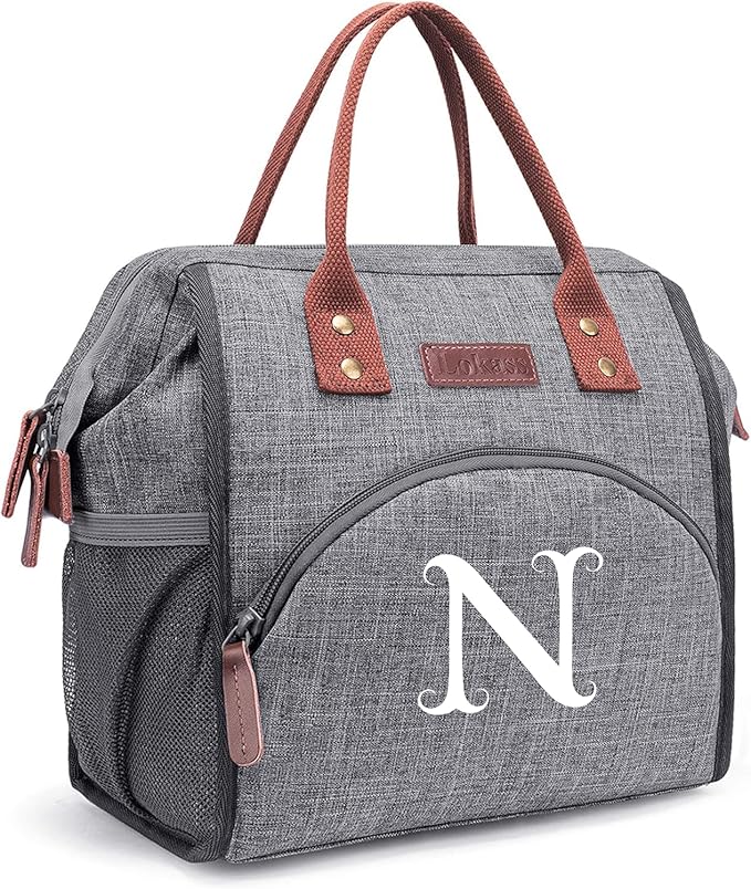 Personalized Lunch Box for Women, Initial Reusable Insulated Lunch Bag, Wide-Open Adult Lunchbox Cooler Lunchbag Snack Organizer, Initial Leakproof Lunch Tote Bag for Picnic Work Outdoors Grey - N
