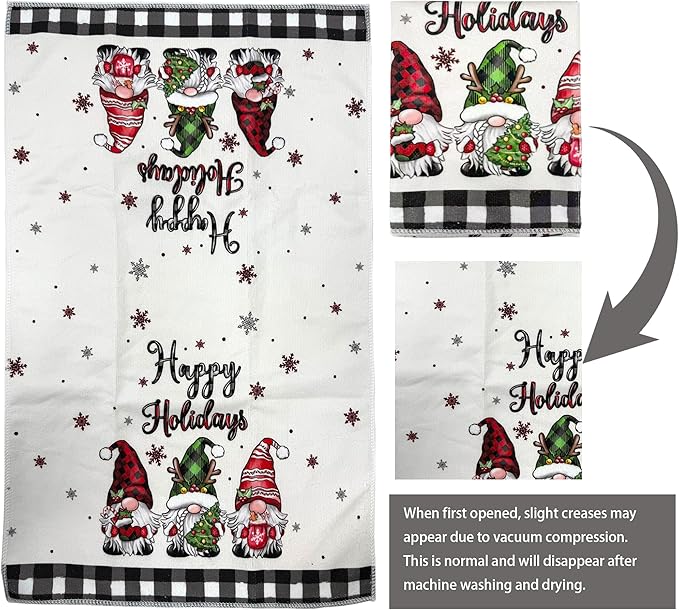 Christmas Dish Towels Set of 2-18"x26" Holiday Kitchen Towels with White & Black Checkered Design, Quick-Drying Xmas Themed Hand Towels