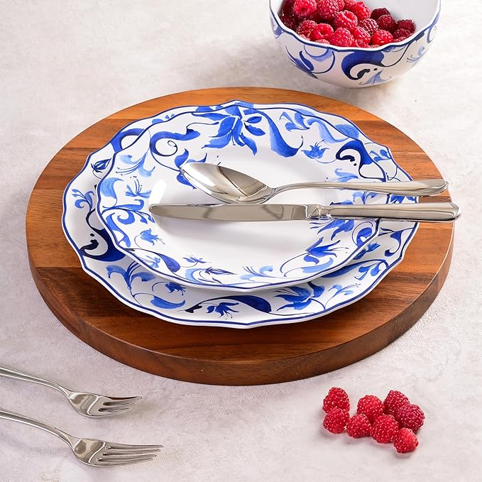 222 Fifth 12-Piece Porcelain Dinnerware Set for 4, Blue & White Plates and Bowls Set, Glossy Ceramic Dish Set with Beautiful Floral Rims, Elegant Kitchen Dishes, Microwave & Dishwasher Safe, Ayla