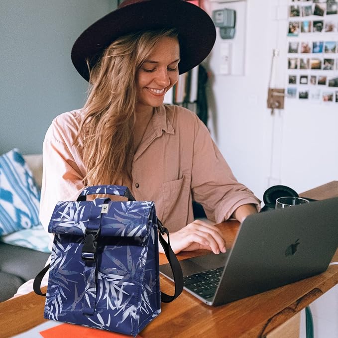 SUNNY BIRD Insulated Lunch Bag Rolltop Lunch Box Tote Bag for Women, Men, Adults and Teens (Blue Bamboo)