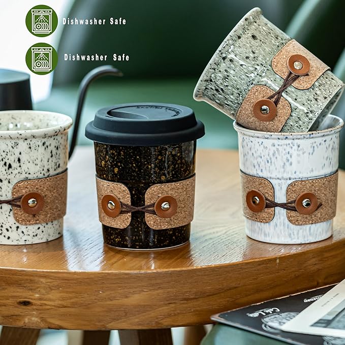 Ceramic Coffee Tumbler, Large Travel Coffee Mug with Lid, Large Porcelain Coffee Cup, Reusable Tea Mug, Microwave & Dishwasher Safe, Coffee Gifts for Men & Women, 13.5oz