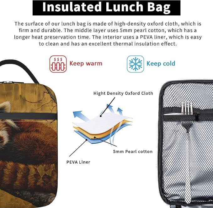 Realistic Red Panda Print Insulated Lunch Box Gifts for Kids Adults Golden Autumn Background Design Reusable Portable Lunchbox Cooler Lunchbag for Work Picnic School Travel or Hiking