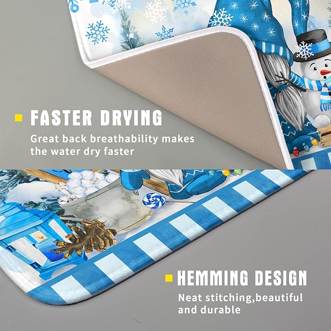 Winter Christmas Gnomes Dish Drying Mat 16x18 for Kitchen Counter Snowman Xmas Gift Tree Snowflake Large Absorbent Microfiber Fast Dry Dishes Draining Mats Holiday Kitchen Decor