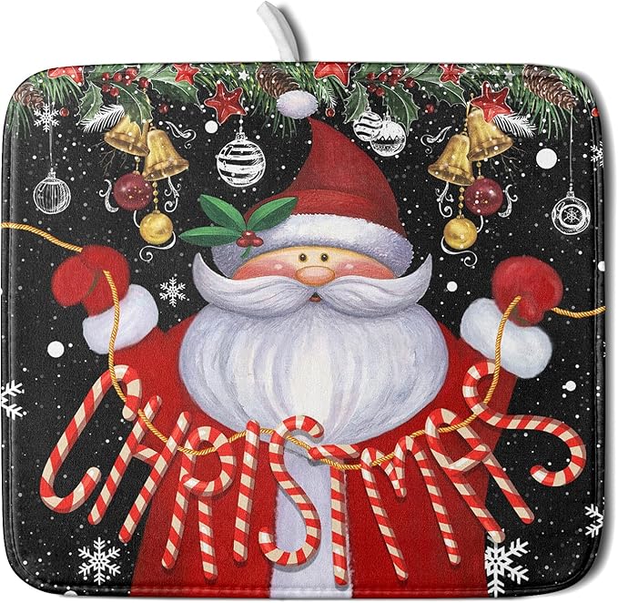 Christmas Dish Drying Mat for Kitchen Counter Santa Claus Winter Snowflake Xmas Jingle Bells Dishes Pad Dish Drainer Rack Mats Absorbent Fast Dry Kitchen Accessories,16 x 18 inch