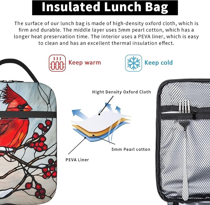 Cardinal Stained Glass Lunch Box for Women Men, Insulated Lunch Box, Reusable Lunch Bag for Office, Work, Picnic, Travel