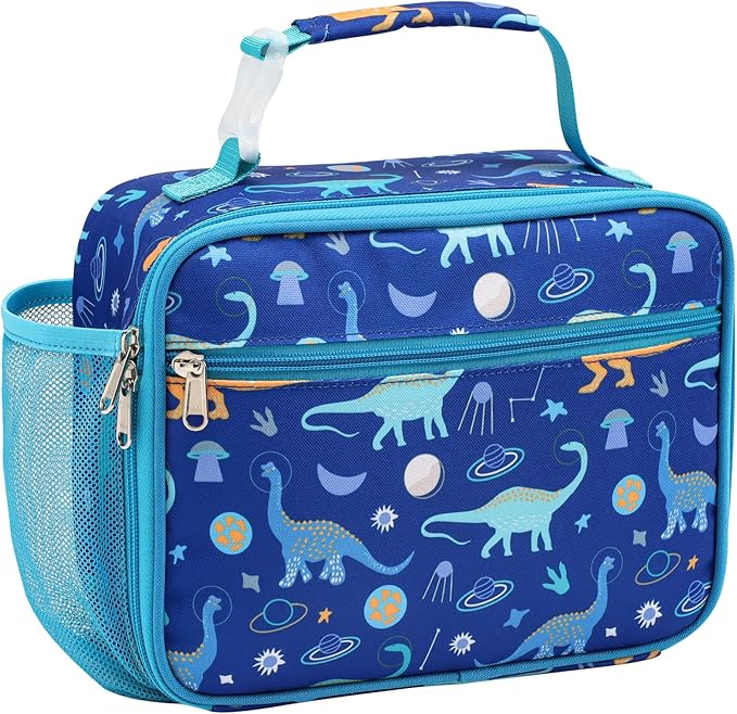 Bagseri Kids Lunch Bag Boys - Insulated Lunch Bag Reusable Leak-Proof Kids Lunch Box for Daycare and School, Blue Space Dinosaur (Water Bottle Not Included)