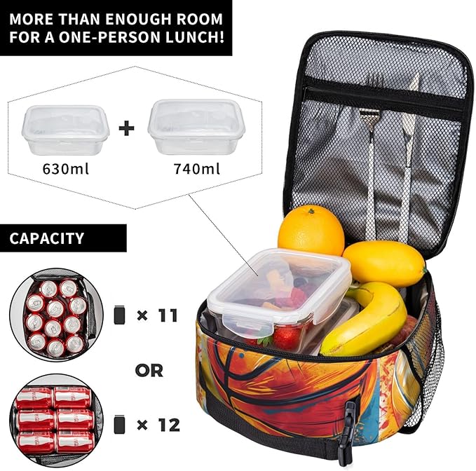 Basketball Lunch Box for Adults Women Girls Boys Kids Colorful Sports Lunch Box Insulated Cooler Reusable Lunch Bag Container Gifts for Work Office Picnic Travel School