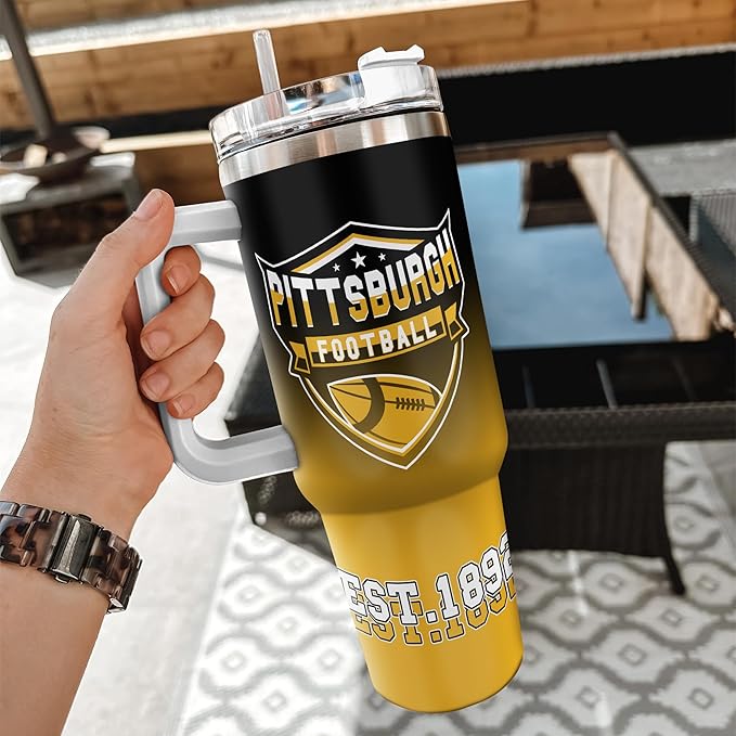 Football Personalized 40oz Insulated Travel Mug with Handle & Straw, Stainless Steel Custom Tumbler, Name & Number Cup, Sports Gift for Men Women (Pittsburgh)