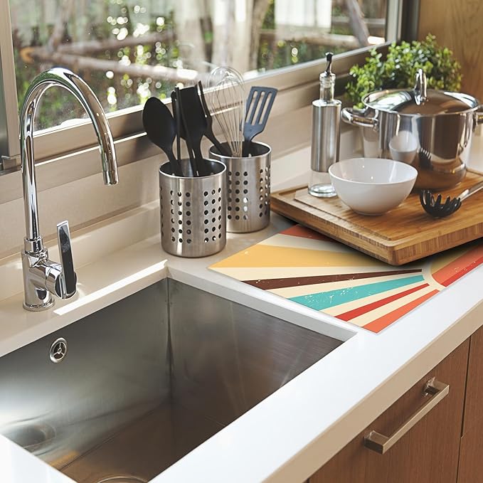 Boho Sun Dish Drying Mats 18x24 Inch,Vintage Sunset Sunrise Dish Pad Drying Rack Mat for Kitchen Counter Ultra Absorbent Microfiber Dishware Coffee Maker Bar Countertop Decor