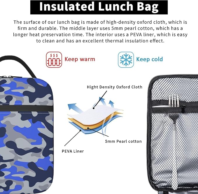 Blue Camo Insulated Lunch Bags For Men Women Boys Girls,Cooler Tote Reusable Lunch Box For Work Office Travel,Easy-To-Clean Bento Box Bento Bag,Reusable Lunch Bags For School/Work/Picnic