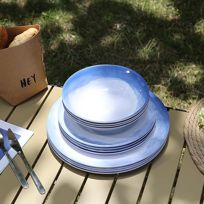 Melamine Dinnerware Sets- 12pcs Melamine Plates and Bowls Set for 4, Suitable for Indoor and Outdoor Use, Blue