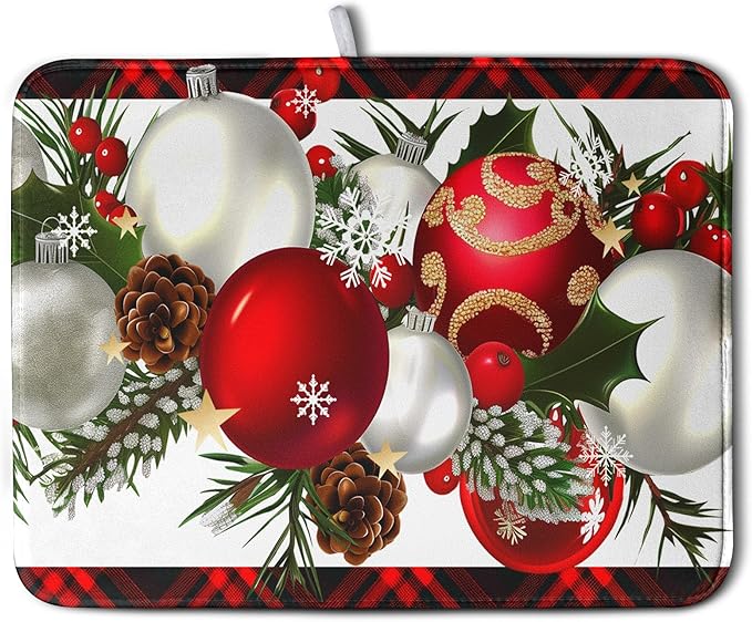 Red Buffalo Plaid Christmas Kitchen Drying Mats for Dishes Xmas Ball Snowflake Pine Cones Dish Drainer Rack Mat Winter Microfibe Absorbent Dish Drying Pad for Home Kitchen Counter Decor 18x24in
