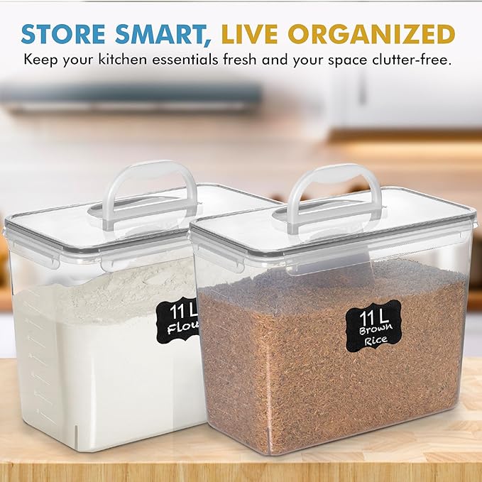 Shazo 2 PC (11L | 372 oz) Flour Sugar Storage Containers with Easy Carry Handle - Plastic Extra Large Food Storage Containers with Lids for Rice Cereal, BPA Free & Airtight Kitchen Pantry Organization