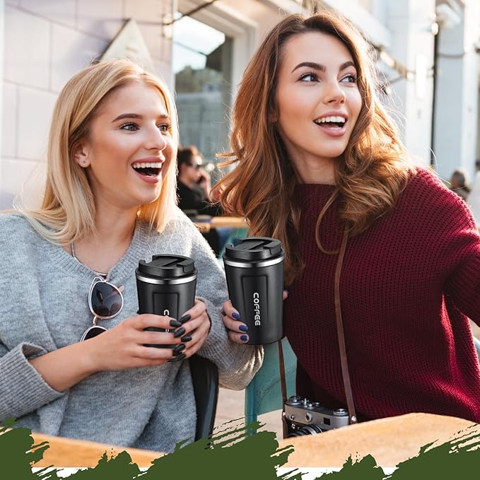 Sieral 4 Pcs 13 oz Travel Coffee Mug Insulated Reusable Coffee Cups with Leakproof Lid Stainless Steel Portable Tumbler for Keep Hot or Ice Milk Tea(Black)